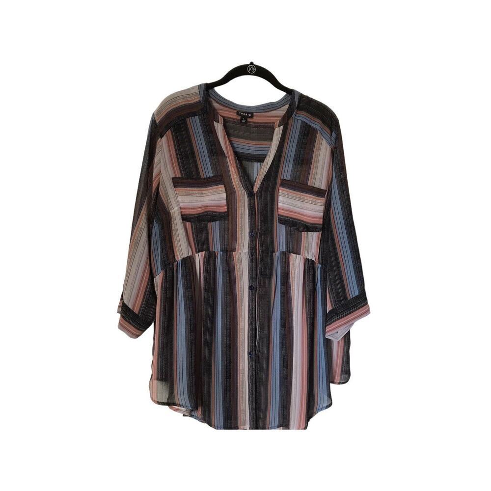 Torrid Top Plus Size 1X Multicolor Emma Babydoll Chiffon Striped Black Tunic